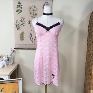 Pink Sheer Lace Nylon Slip Dress Coquette Romantic Sexy Femme Y2k Dollette S